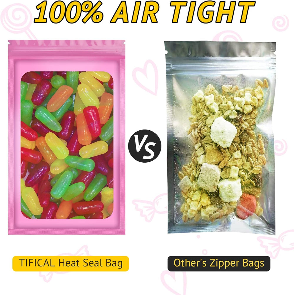 100 PCS Holographic Bags, Smell Proof Bag, Resealable Gift Bags, Clear Bags for Food Storage, Party Favor Bag, Mylar Sample Bag for Jewelry, Lipgloss, Eyelash | Pink, 2.4x3.9 Inch