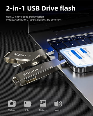 Bilious Custom Personalized USB C Flash Drive 32GB/64GB/128GB/256GB, Metal 360° Rotation Style USB 3.0 Thumb Drive, 2 in 1 Dual Portable Memory Stick, Waterproof Jump Drive