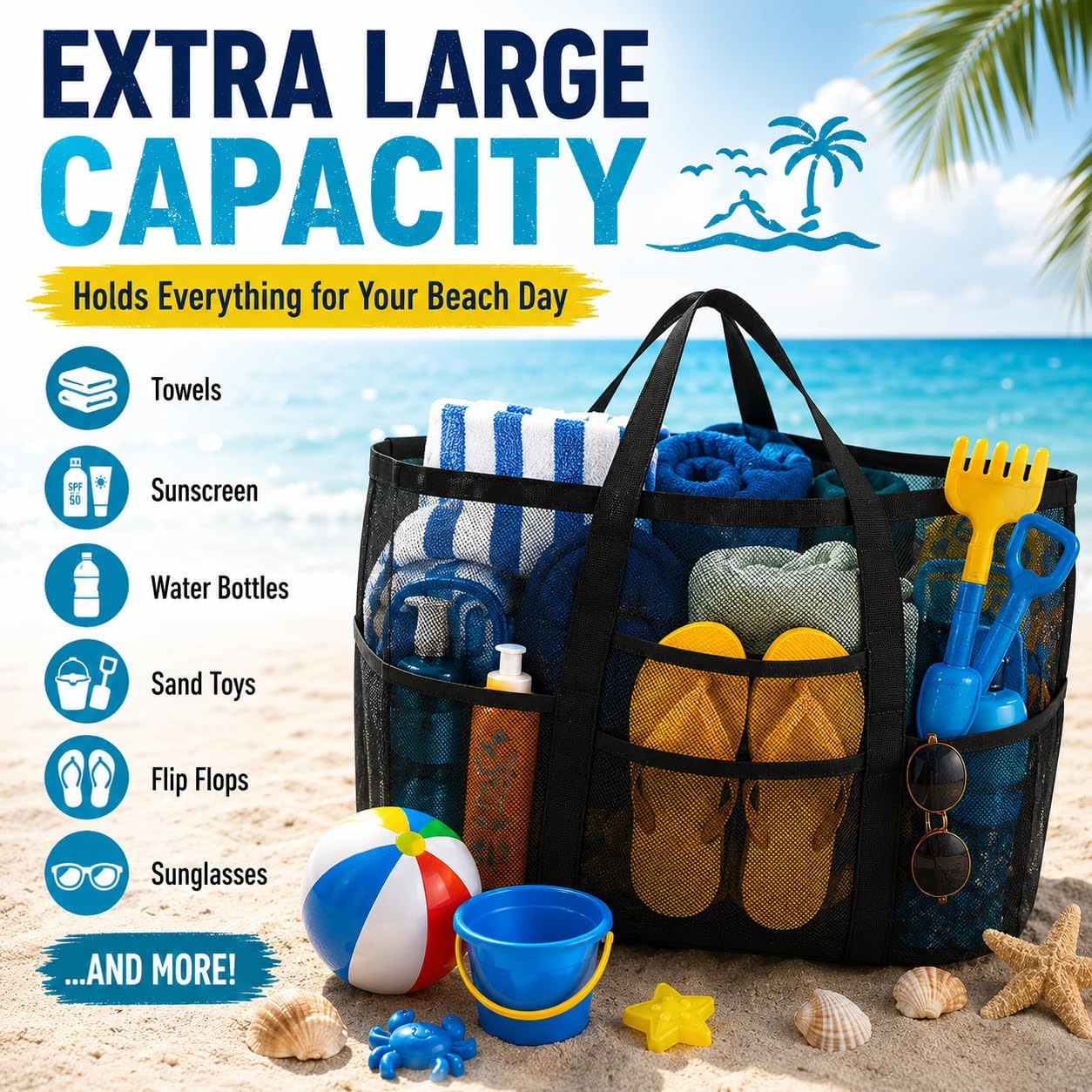 SRISE Mesh Beach Bag - Large Beach Tote Bag for Family Beach Bag for Toys & Vacation Essentials