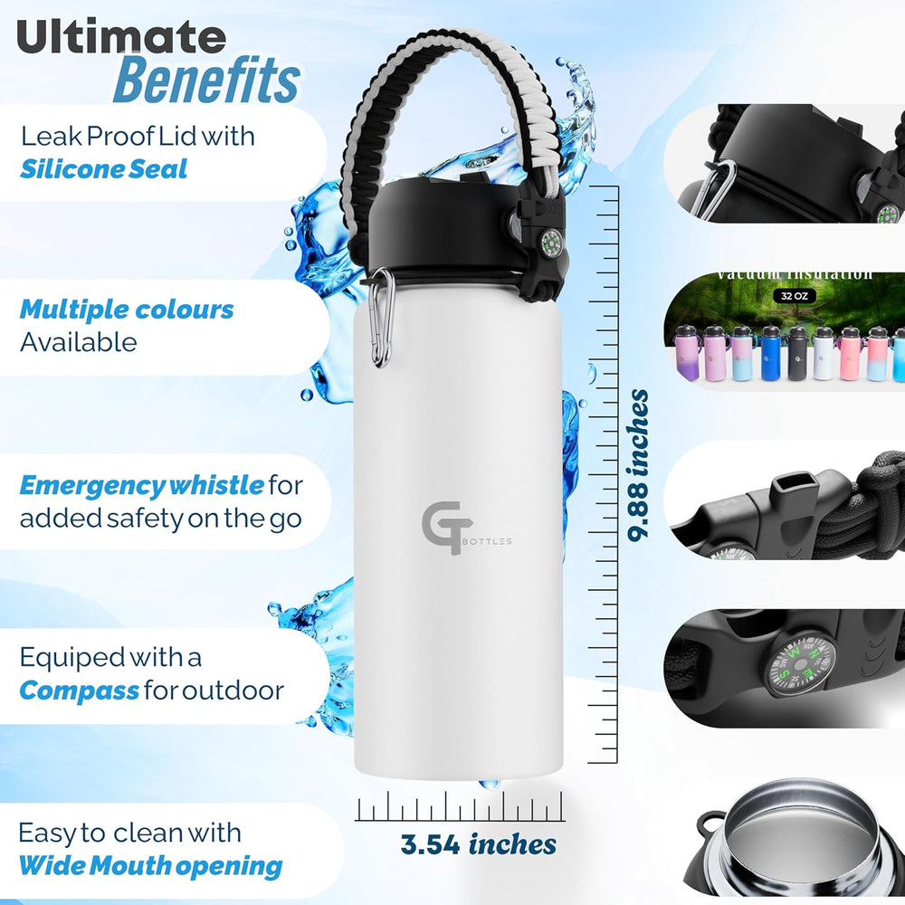 32oz Insulated Stainless Steel Water Bottle with 3 Lids & Paracord Handle – Leakproof Wide Mouth Metal Sports Bottle for Gym, School & Travel (White, 32oz)