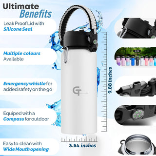 32oz Insulated Stainless Steel Water Bottle with 3 Lids & Paracord Handle – Leakproof Wide Mouth Metal Sports Bottle for Gym, School & Travel (White, 32oz)