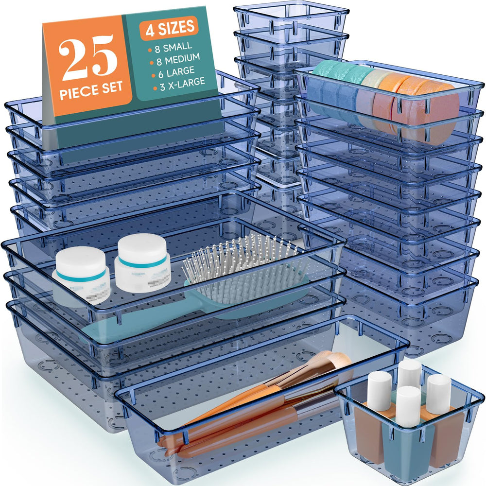 WOWBOX 25 PCS Clear Plastic Drawer Organizer Set, 4 Sizes Desk Drawer Divider Organizers and Storage Bins for Makeup, Jewelry, Gadgets for Kitchen, Bedroom, Bathroom, Office