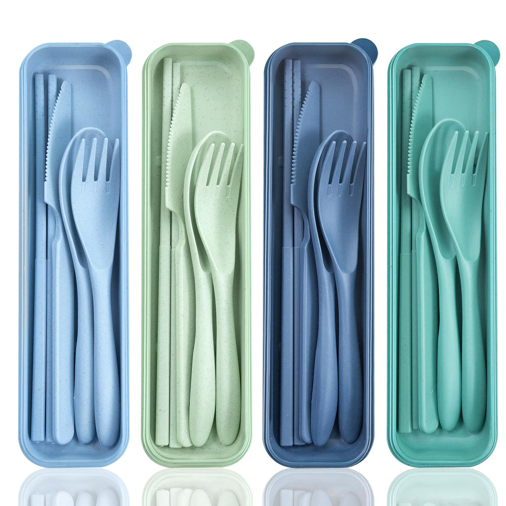 DISSKNIC Reusable Travel Utensils with Case, 4 Sets Wheat Straw Portable Cutlery Set Chopsticks Knives Fork and Spoon for Lunch Box Accessories, Camping Flatware Sets for Daily Use or Outdoor