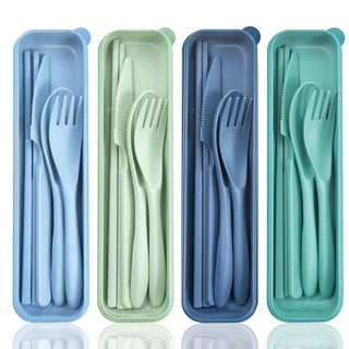 DISSKNIC Reusable Travel Utensils with Case, 4 Sets Wheat Straw Portable Cutlery Set Chopsticks Knives Fork and Spoon for Lunch Box Accessories, Camping Flatware Sets for Daily Use or Outdoor