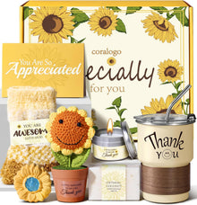 Thank You Gift Basket for Women - 7pcs Teacher Appreciation Gifts, Thank You Gift Baskets for Teacher, Nurse, Employee, Coworker, Social Worker, Secretary with Crochet Sunflower