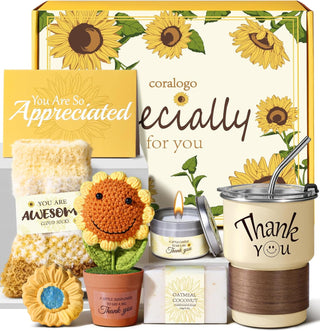 Thank You Gift Basket for Women - 7pcs Teacher Appreciation Gifts, Thank You Gift Baskets for Teacher, Nurse, Employee, Coworker, Social Worker, Secretary with Crochet Sunflower