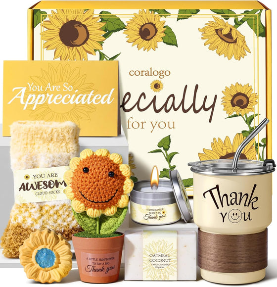 Thank You Gift Basket for Women - 7pcs Teacher Appreciation Gifts, Thank You Gift Baskets for Teacher, Nurse, Employee, Coworker, Social Worker, Secretary with Crochet Sunflower
