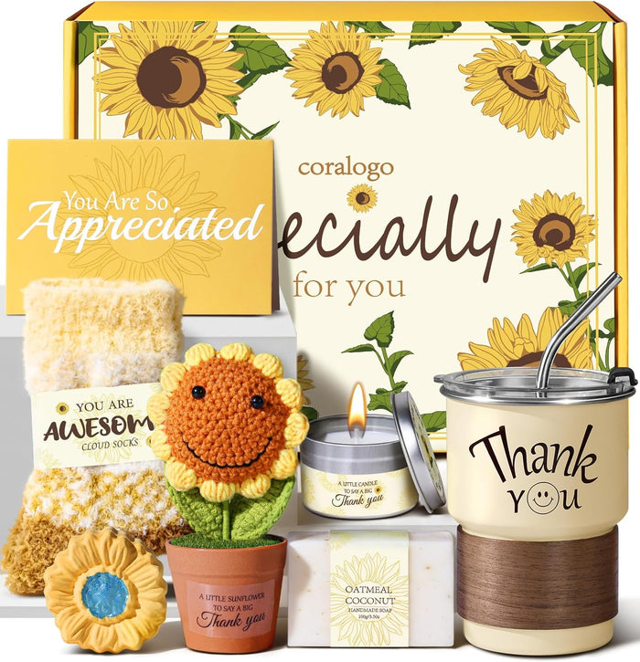 Thank You Gift Basket for Women - 7pcs Teacher Appreciation Gifts, Thank You Gift Baskets for Teacher, Nurse, Employee, Coworker, Social Worker, Secretary with Crochet Sunflower