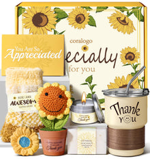 Thank You Gift Basket for Women - 7pcs Teacher Appreciation Gifts, Thank You Gift Baskets for Teacher, Nurse, Employee, Coworker, Social Worker, Secretary with Crochet Sunflower