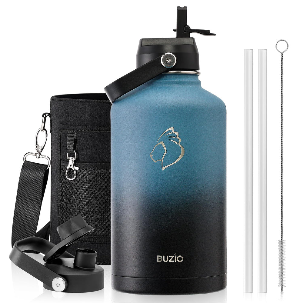 BUZIO 40oz Insulated Water Bottle, Triple Wall Vacuum Stainless Steel Water Flask with 2 lids, Lead-Free BPA-Free Straw Lid Sports Canteen Jug, Cold 48H & Hot 24H- Black