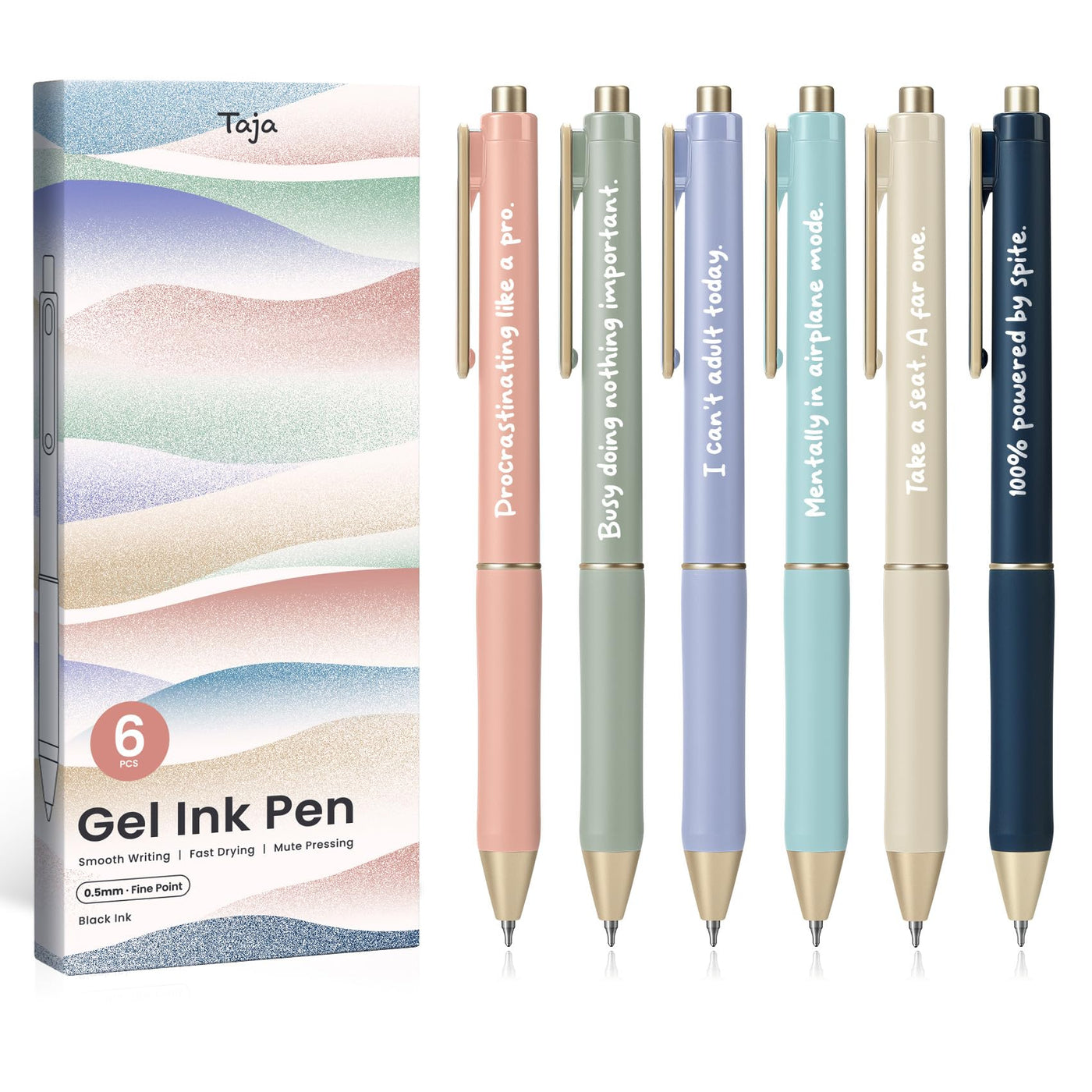 Taja Gel Pens, 6 Pcs Quick Dry Black Gel Ink Pens, 0.5mm Fine Point Smooth Writing Pens for Journaling and Note Taking, Cute Aesthetic Pens for Women & Men-Pastel
