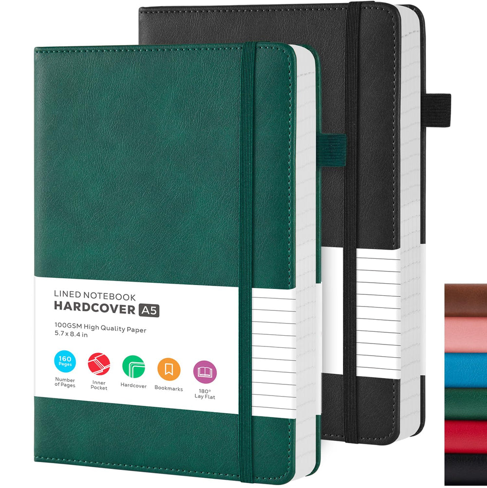 Lined Journal Notebook, A5 (5.7'' x 8.4"), 2 Pack Journaling Notebooks for Women Men Writing Work, Leather Hardcover, 160 Pages per Note Book, 100GSM Thick Paper, School Office Supplies, Black & Brown