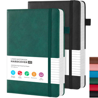 Lined Journal Notebook, A5 (5.7'' x 8.4"), 2 Pack Journaling Notebooks for Women Men Writing Work, Leather Hardcover, 160 Pages per Note Book, 100GSM Thick Paper, School Office Supplies, Black & Brown