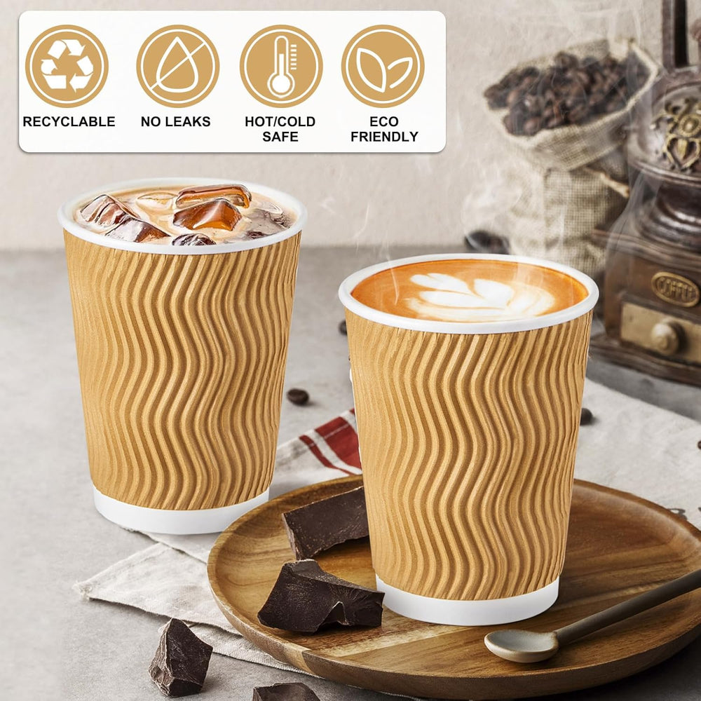 SIUQ 12 oz Coffee Cups - 150 Pack, Insulated Disposable Paper Cups 12 oz, Corrugated Ripple Wall Cups for Hot Beverage or Cold Drinks (Champagne)