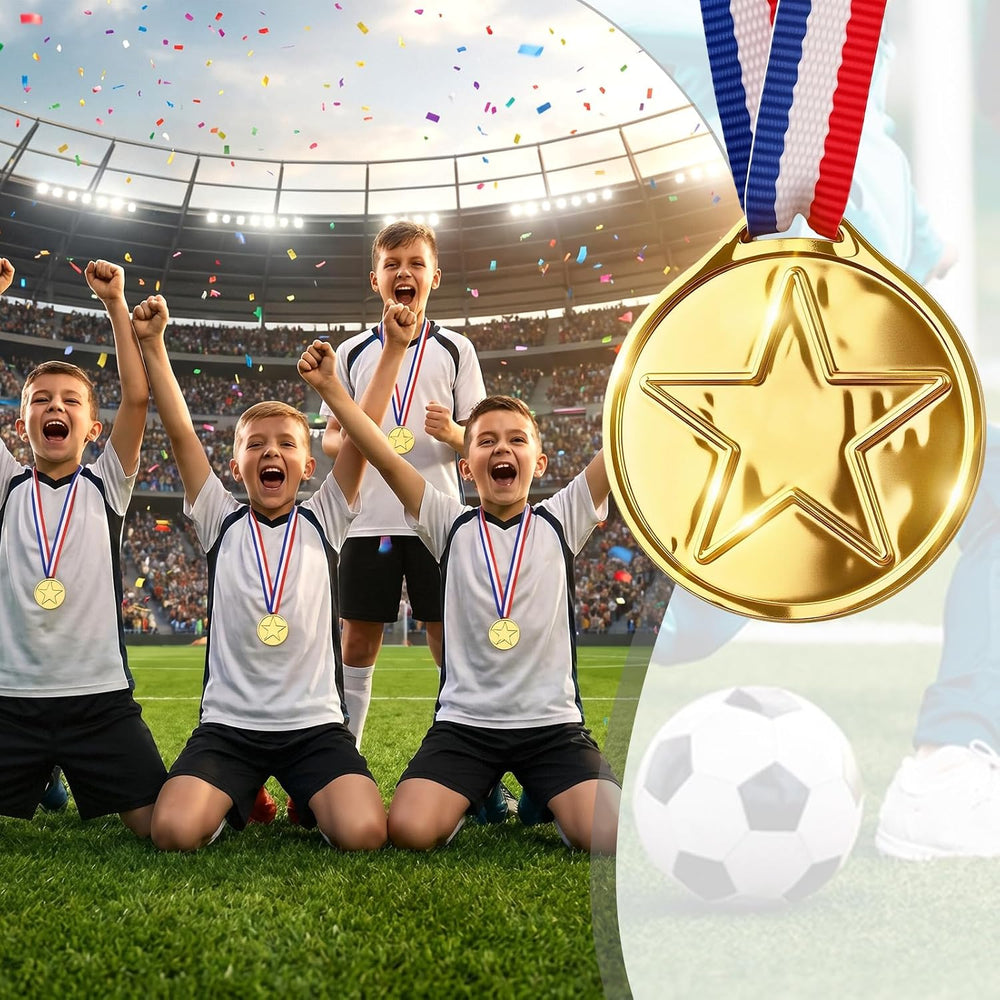 12PCS Gold Medals for Kids, Medals for Awards Plastic Winner Award Medals - Gold Medals for Awards for Sports/Competition/Talent Show/Spelling Bee, Party Favors Gifts & Star Medals for Kids/Winners