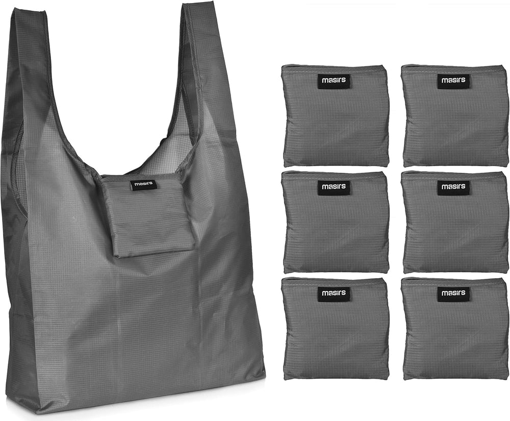 Masirs Reusable Shopping Bags 6 Pack, Foldable Grocery Tote with Pouch Large Packable Ripstop Polyester Sacks, Washable Lightweight Eco Friendly Reusable for Groceries and Shopping, Grey