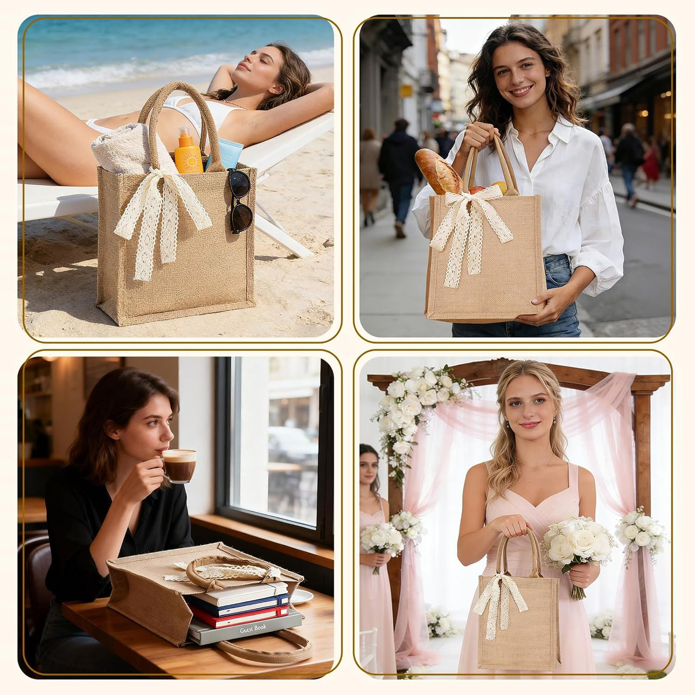 Small 6pcs Burlap Tote Bag Set with Handles, 11*9.45*3.94 Inch Waterproof Reusable Blank Grocery Bags with Ribbon Large Jute Tote for Women Bridesmaid Gift Beach Shopping Wedding Travel DIY