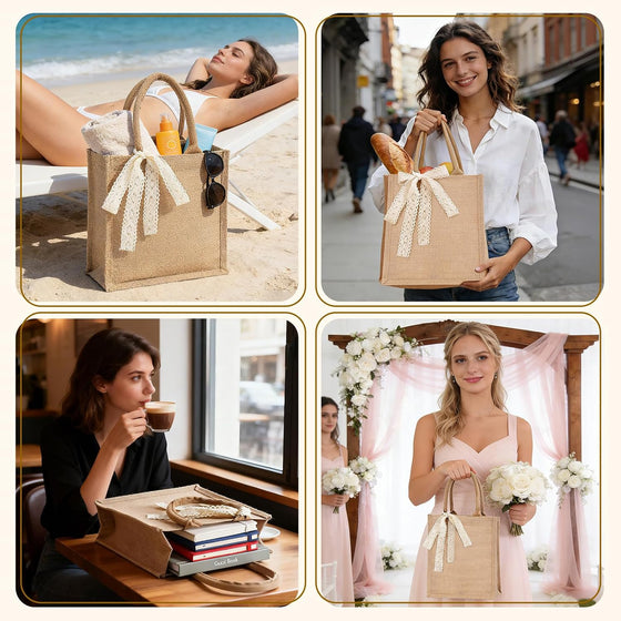 Small 6pcs Burlap Tote Bag Set with Handles, 11*9.45*3.94 Inch Waterproof Reusable Blank Grocery Bags with Ribbon Large Jute Tote for Women Bridesmaid Gift Beach Shopping Wedding Travel DIY - hover image