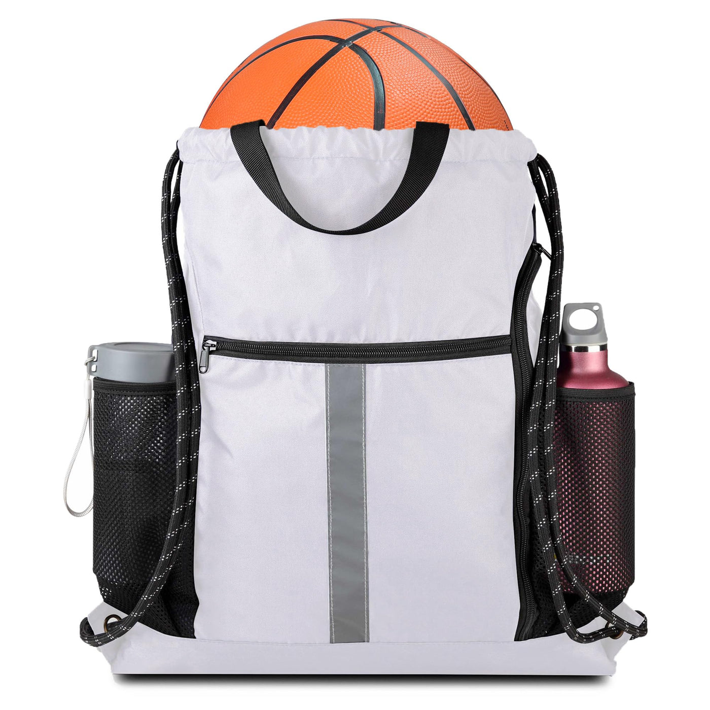 BeeGreen Black Drawstring Backpack Gym Bag For Men Women String Sports Backpack With Water Bottle Mesh Pockets And 2 Zippered Pocket Large Cinch Sackpack Workout Bag 16" x 20"