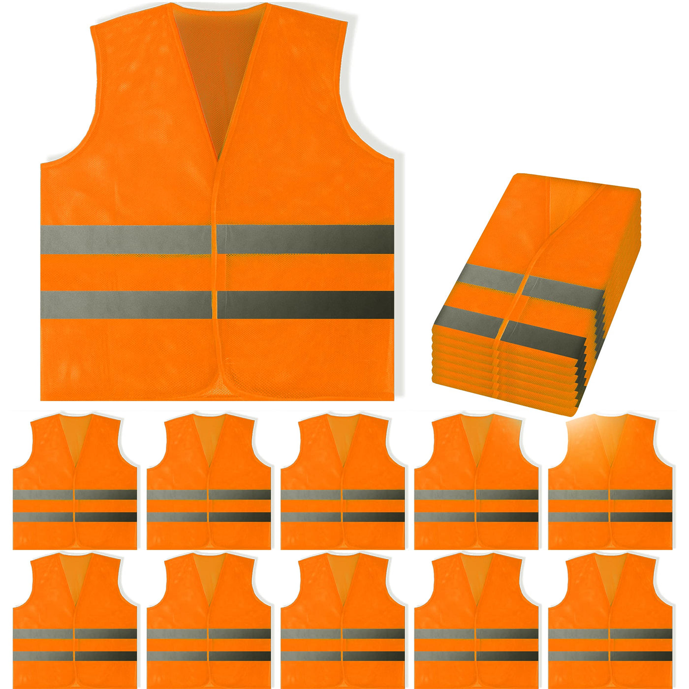 PeerBasics Safety Vests 10 Pack - Yellow Reflective High Visibility, Hi Vis Silver Strip, Men Women, Work, Cycling, Runner, Surveyor, Volunteer, Crossing Guard, Road, Construction, Neon (Mesh, 10)