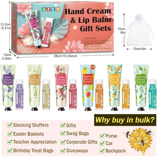 AZEN 30 Sets Bulk Gifts, Hand Cream and Lip Balm Bulk Set with Organza Bag Thank You Card, Baby Shower Wedding Gift for Guests, Bridal Wedding Favors for Guests, Mothers Day Gifts Stocking Stuffers