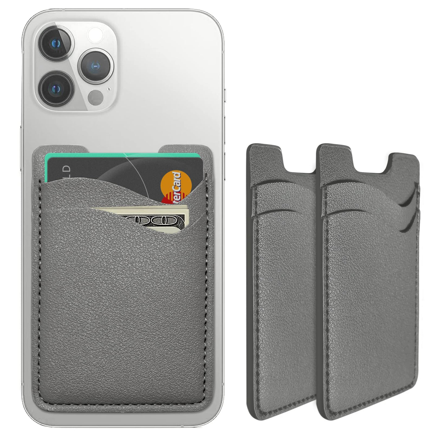 Puxnoin Phone Card Holder, Leather Phone Wallet Stick On, Card Holder for Back of Phone Credit Card Holder for Phone Case Compatible with Most of Cell Phone (iPhone, Samsung) - 2Pack Black