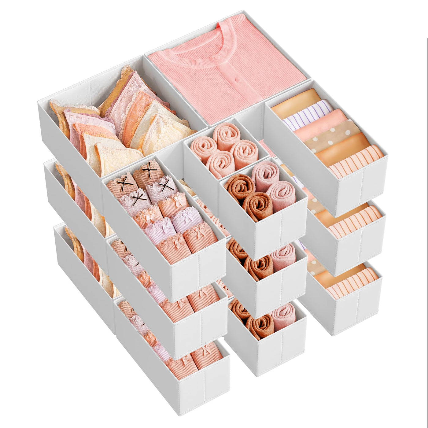 SONGMICS Drawer Organizers, Dresser Divider Organizers, Set of 12, Foldable Fabric Storage Boxes for Socks, Underwear, Bras, Ties, Scarves, Summer Sand URDZ006Y02