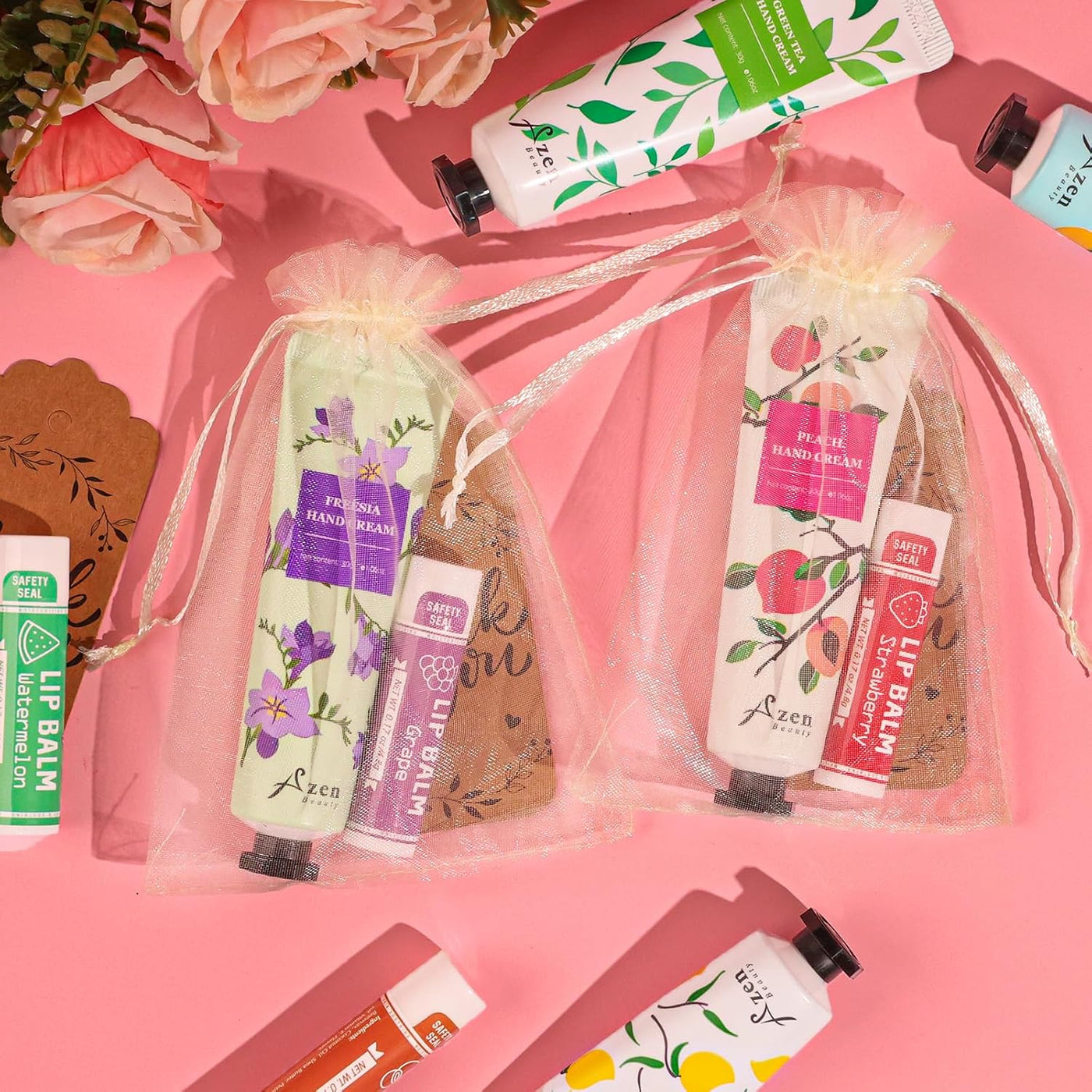 AZEN 30 Sets Bulk Gifts, Hand Cream and Lip Balm Bulk Set with Organza Bag Thank You Card, Baby Shower Wedding Gift for Guests, Bridal Wedding Favors for Guests, Mothers Day Gifts Stocking Stuffers