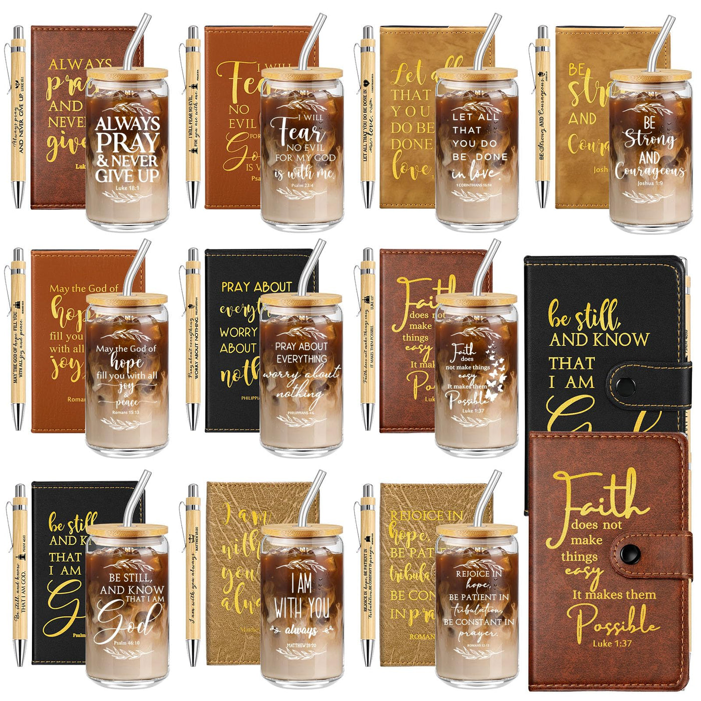 AmazingSpark 18 Pcs Fathers Day Christian Gift Bulk for Men Women 16 Oz Glass Cups with Lid Straw Bible Notebook Leather Prayer Journal with Pen Religious Gift for Church Member (Bible Words,Brown)