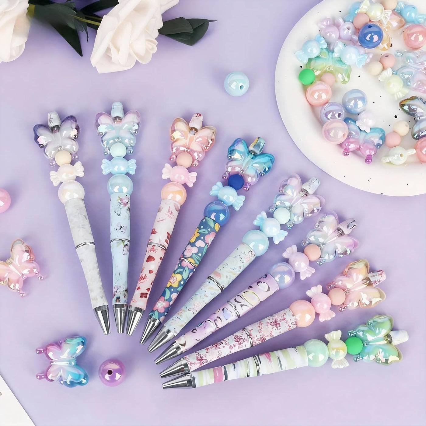 holoith 8 Set Butterfly Flower Beadable Pens Kit, Pen Making Kit with Beads and Refills, Black Ink Ballpoint Smooth Writing, Gift for Diy Present Students Teens Office Supplies