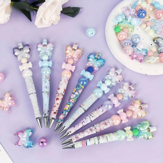 holoith 8 Set Butterfly Flower Beadable Pens Kit, Pen Making Kit with Beads and Refills, Black Ink Ballpoint Smooth Writing, Gift for Diy Present Students Teens Office Supplies - hover image