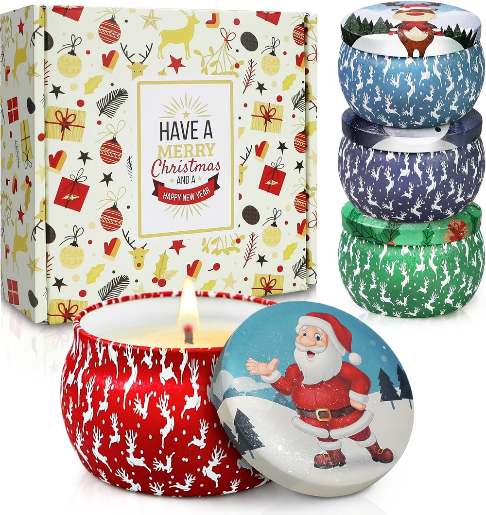 Christmas Candle Gift Set for Women, 4 Pack Long Lasting Soy Wax Candles with Lavender, Cookie, Fir & Cinnamon Apple Scents, Aromatherapy Candles for Home, Perfect Holiday Gifts