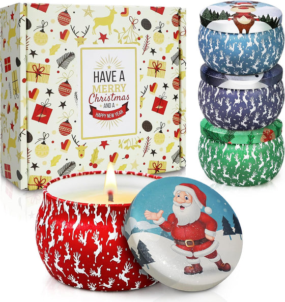 Christmas Candle Gift Set for Women, 4 Pack Long Lasting Soy Wax Candles with Lavender, Cookie, Fir & Cinnamon Apple Scents, Aromatherapy Candles for Home, Perfect Holiday Gifts