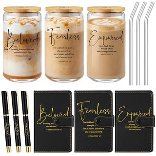 AmazingSpark 18 Pcs Fathers Day Christian Gift Bulk for Men Women 16 Oz Glass Cups with Lid Straw Bible Notebook Leather Prayer Journal with Pen Religious Gift for Church Member (Bible Words,Brown)