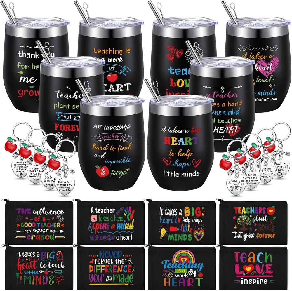 Umigy 24 Pcs Teacher Appreciation Gift Bulk 12 oz End Year of Teacher Black Wine Tumblers Graduation Thank You Gift 8 Rainbow Makeup Bag 8 Apple Shaped Keychain 8 Mug Cups for Women School (Bright)
