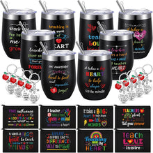 Umigy 24 Pcs Teacher Appreciation Gift Bulk 12 oz End Year of Teacher Black Wine Tumblers Graduation Thank You Gift 8 Rainbow Makeup Bag 8 Apple Shaped Keychain 8 Mug Cups for Women School (Bright)