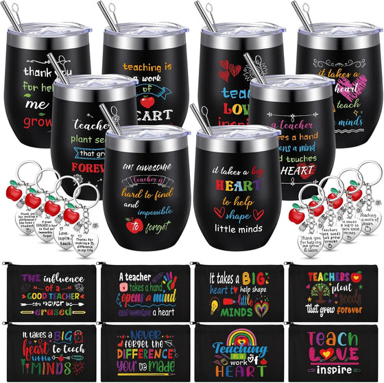 Umigy 24 Pcs Teacher Appreciation Gift Bulk 12 oz End Year of Teacher Black Wine Tumblers Graduation Thank You Gift 8 Rainbow Makeup Bag 8 Apple Shaped Keychain 8 Mug Cups for Women School (Bright)