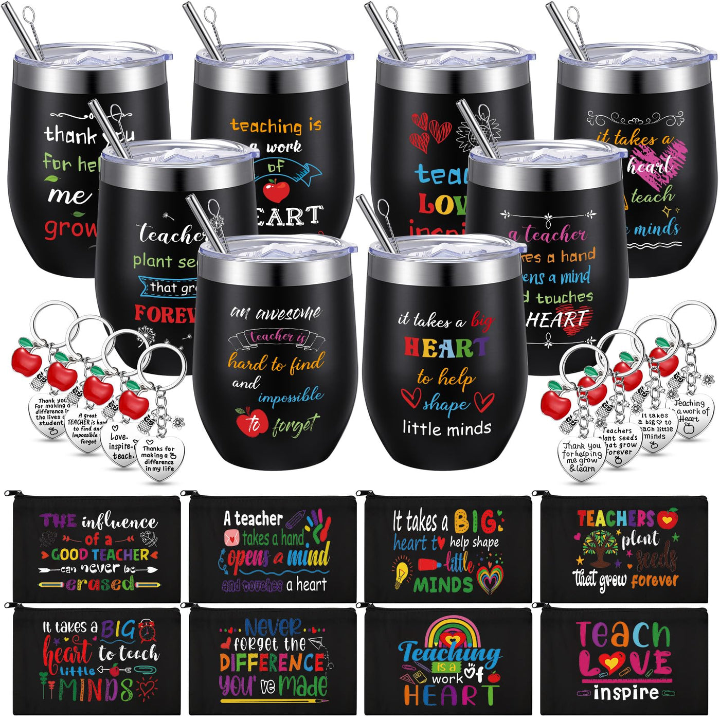 Umigy 24 Pcs Teacher Appreciation Gift Bulk 12 oz End Year of Teacher Black Wine Tumblers Graduation Thank You Gift 8 Rainbow Makeup Bag 8 Apple Shaped Keychain 8 Mug Cups for Women School (Bright)