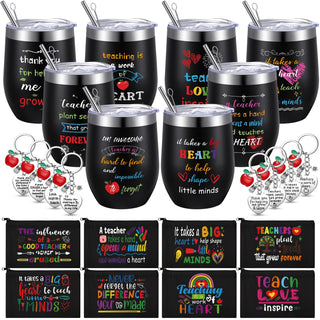 Umigy 24 Pcs Teacher Appreciation Gift Bulk 12 oz End Year of Teacher Black Wine Tumblers Graduation Thank You Gift 8 Rainbow Makeup Bag 8 Apple Shaped Keychain 8 Mug Cups for Women School (Bright)