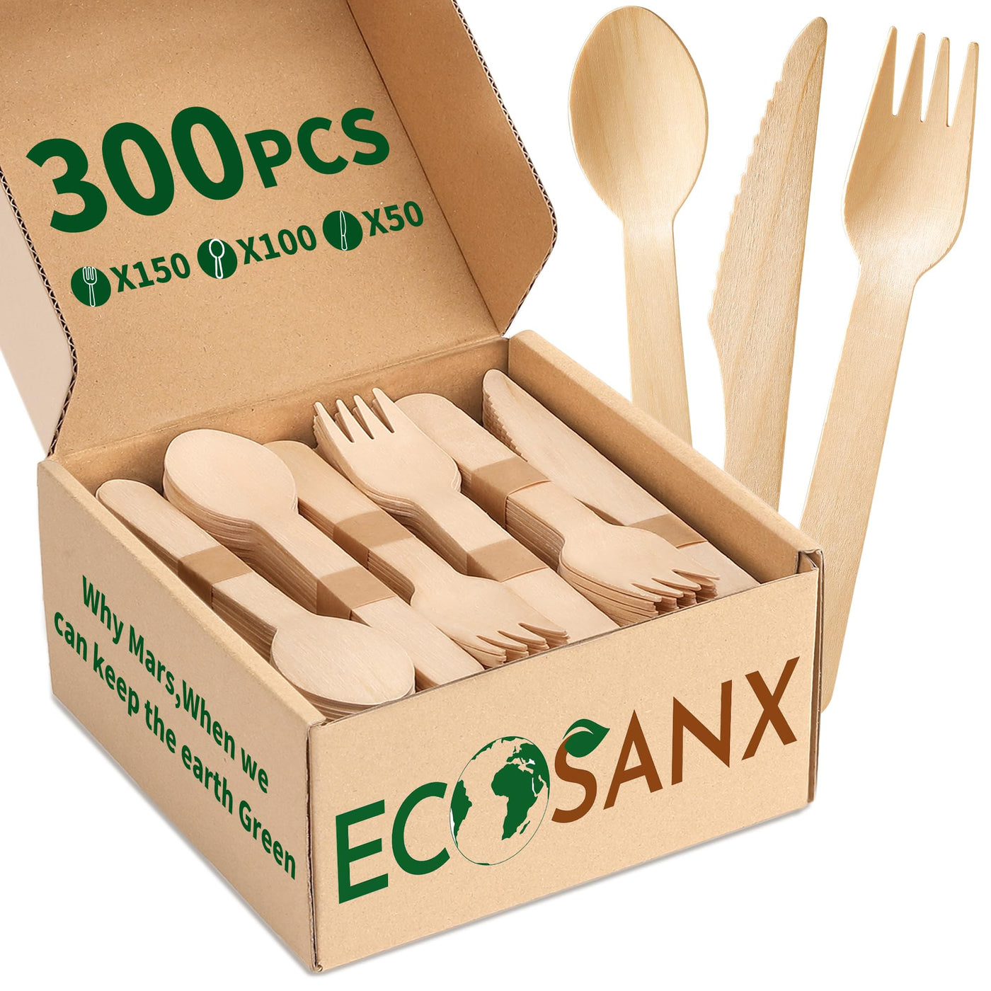 ECOSANX® 120 PCs Disposable Wooden Cutlery set 6.3" Splinter Free Compostable Utensils for party, Eco-Friendly, 100% All-Natural Bamboo Utensils set for picnic, Bamboo cutlery set for Events & More