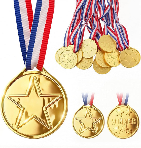 12PCS Gold Medals for Kids, Medals for Awards Plastic Winner Award Medals - Gold Medals for Awards for Sports/Competition/Talent Show/Spelling Bee, Party Favors Gifts & Star Medals for Kids/Winners