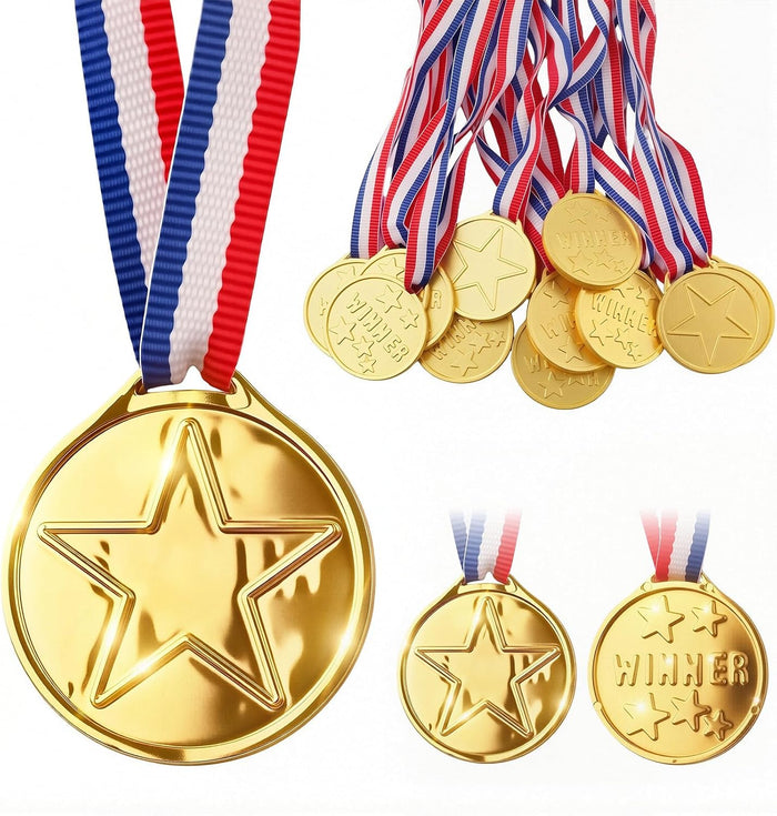 12PCS Gold Medals for Kids, Medals for Awards Plastic Winner Award Medals - Gold Medals for Awards for Sports/Competition/Talent Show/Spelling Bee, Party Favors Gifts & Star Medals for Kids/Winners