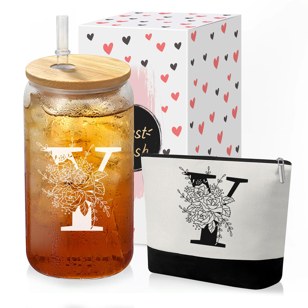Custom Glass Cup & Makeup Bag Set - Personalized Gifts for Women, Initial 16 oz Glass Tumbler with Lid & Straw, Monogram Makeup Bag - Birthday Gifts For Women, Mother's Day Presents(S)