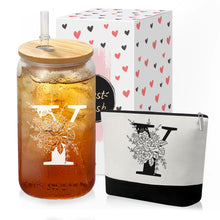Custom Glass Cup & Makeup Bag Set - Personalized Gifts for Women, Initial 16 oz Glass Tumbler with Lid & Straw, Monogram Makeup Bag - Birthday Gifts For Women, Mother's Day Presents(S)
