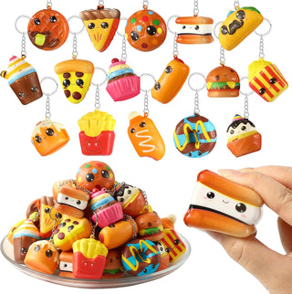 16 Pcs Squeeze Keychains Gifts Bulk, Cute Slow Rise Stress Hamburger Popcorn Taco Ice Cream Pizza Smore Kawaii Food Keychains for Birthday Party Favors