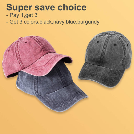 MEINICY 3 Packs Washed-Cotton Plain Baseball Cap, Vintage Adjustable Dad Hats Gift for Men/Women,Unstructured - hover image