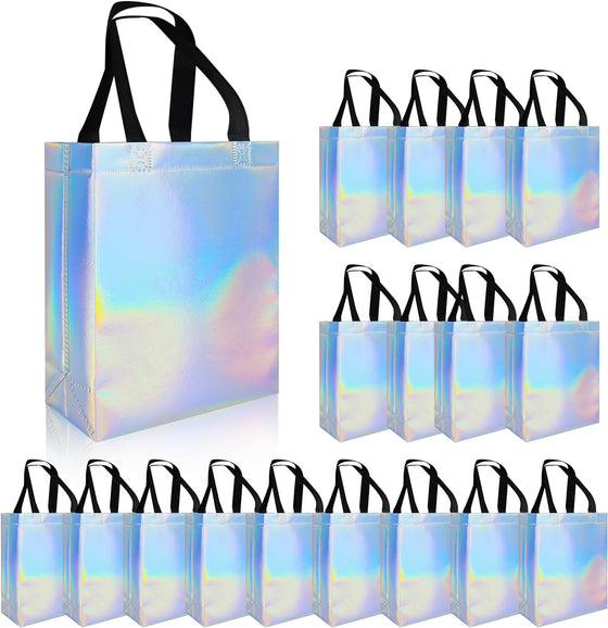 cabzymx 18 Pcs Glossy Iridescent Small Gift Bags Bulk, 8x3.9x9.8 In Non-woven Party Bags for Present with Sturdy Bases for Birthday, Wedding, Easter, Party, Holiday