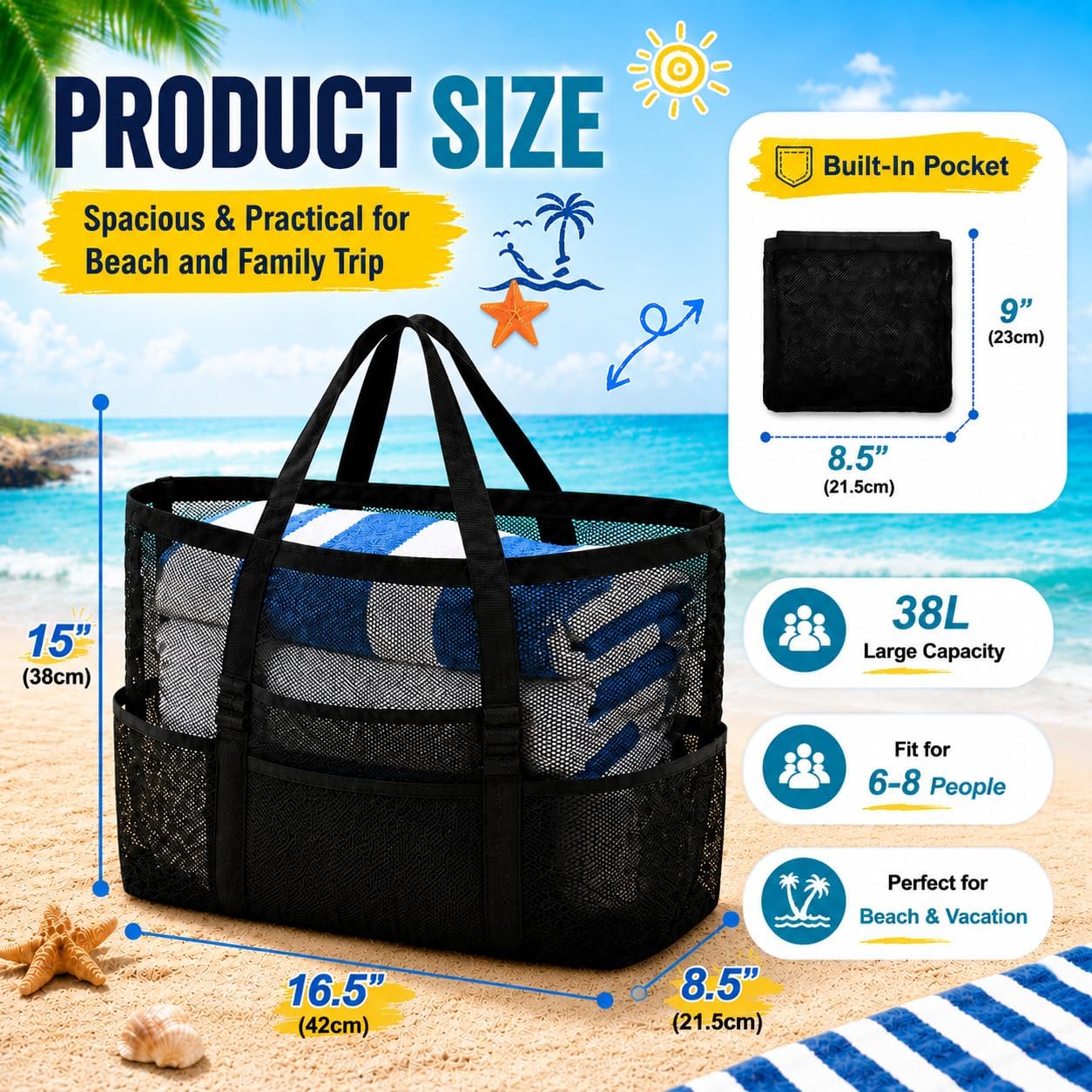 SRISE Mesh Beach Bag - Large Beach Tote Bag for Family Beach Bag for Toys & Vacation Essentials