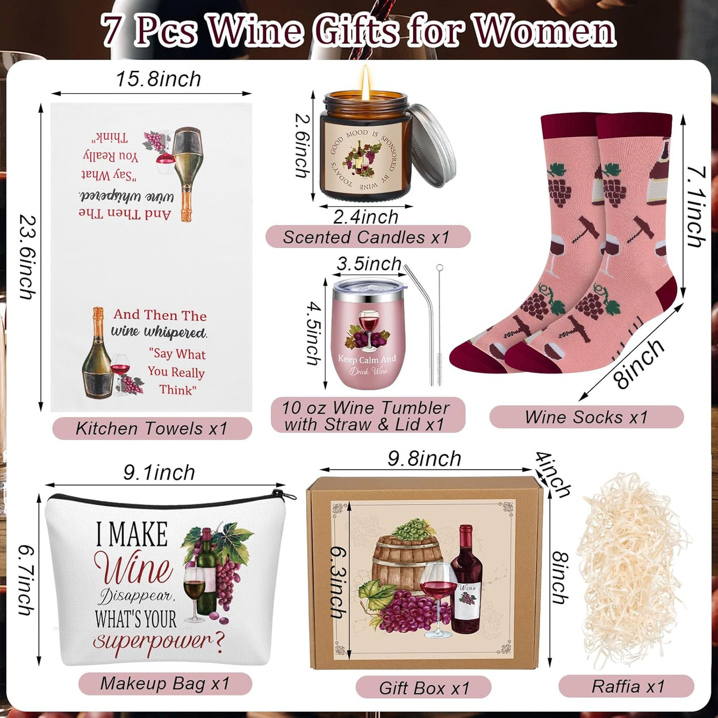 Sieral 7 Pack Wine Gifts Baskets for Women Include Stainless Steel Tumbler Scented Candle Kitchen Towel Crew Sock Makeup Bag Raffia Box Birthday Gift for Wine Lover Friend Sister Wife Mother Coworker
