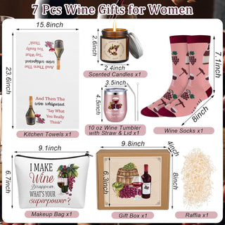 Sieral 7 Pack Wine Gifts Baskets for Women Include Stainless Steel Tumbler Scented Candle Kitchen Towel Crew Sock Makeup Bag Raffia Box Birthday Gift for Wine Lover Friend Sister Wife Mother Coworker